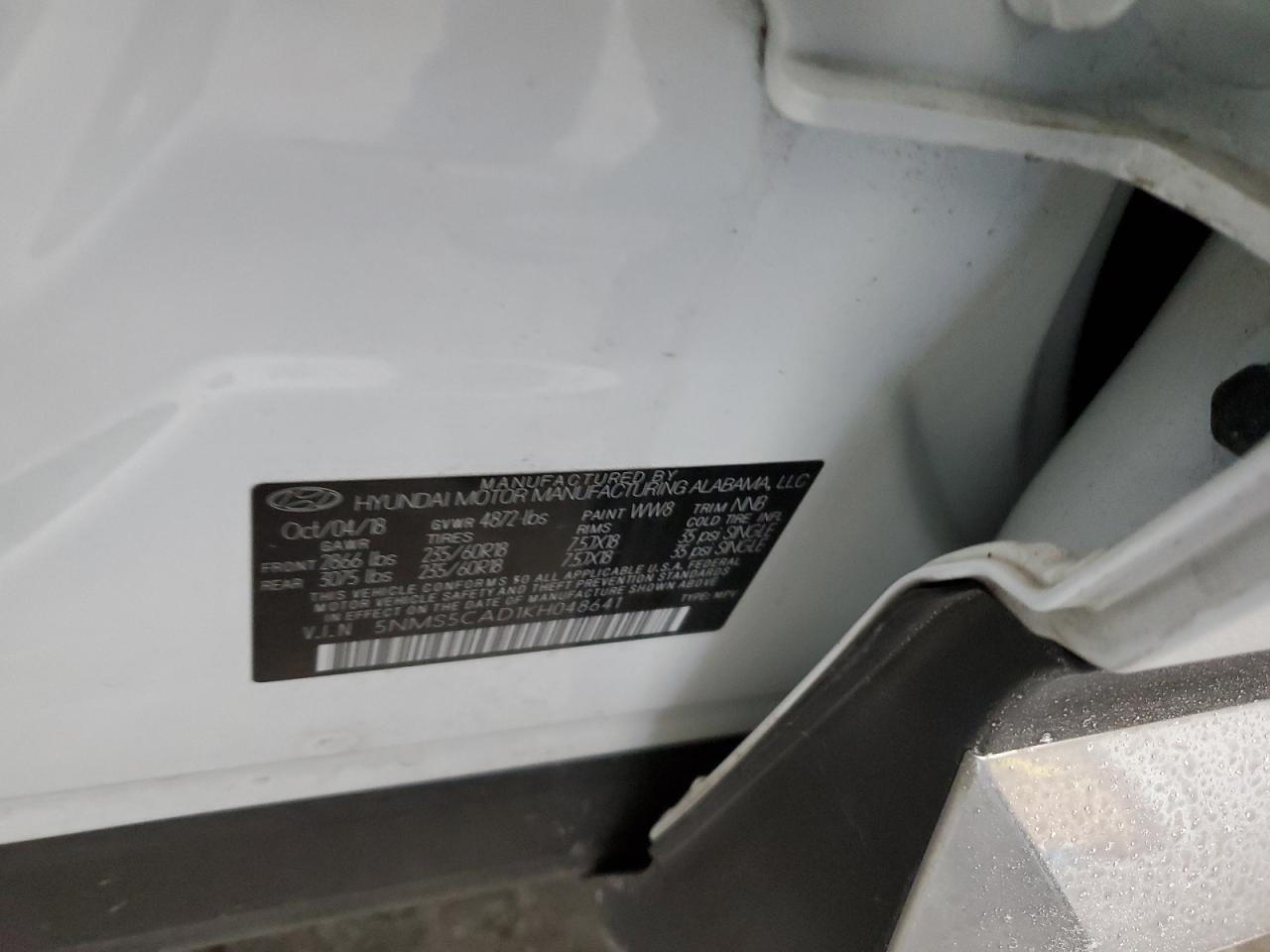 2019 Hyundai Santa Fe VIN 5NMS5CAD1KH048641 Copart auction photo, front end damage thumbnail 16