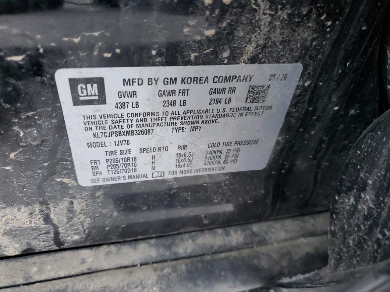 2021 Chevrolet Trax VIN KL7CJPSBXMB326087 Copart auction photo, side / rear end damage thumbnail 14