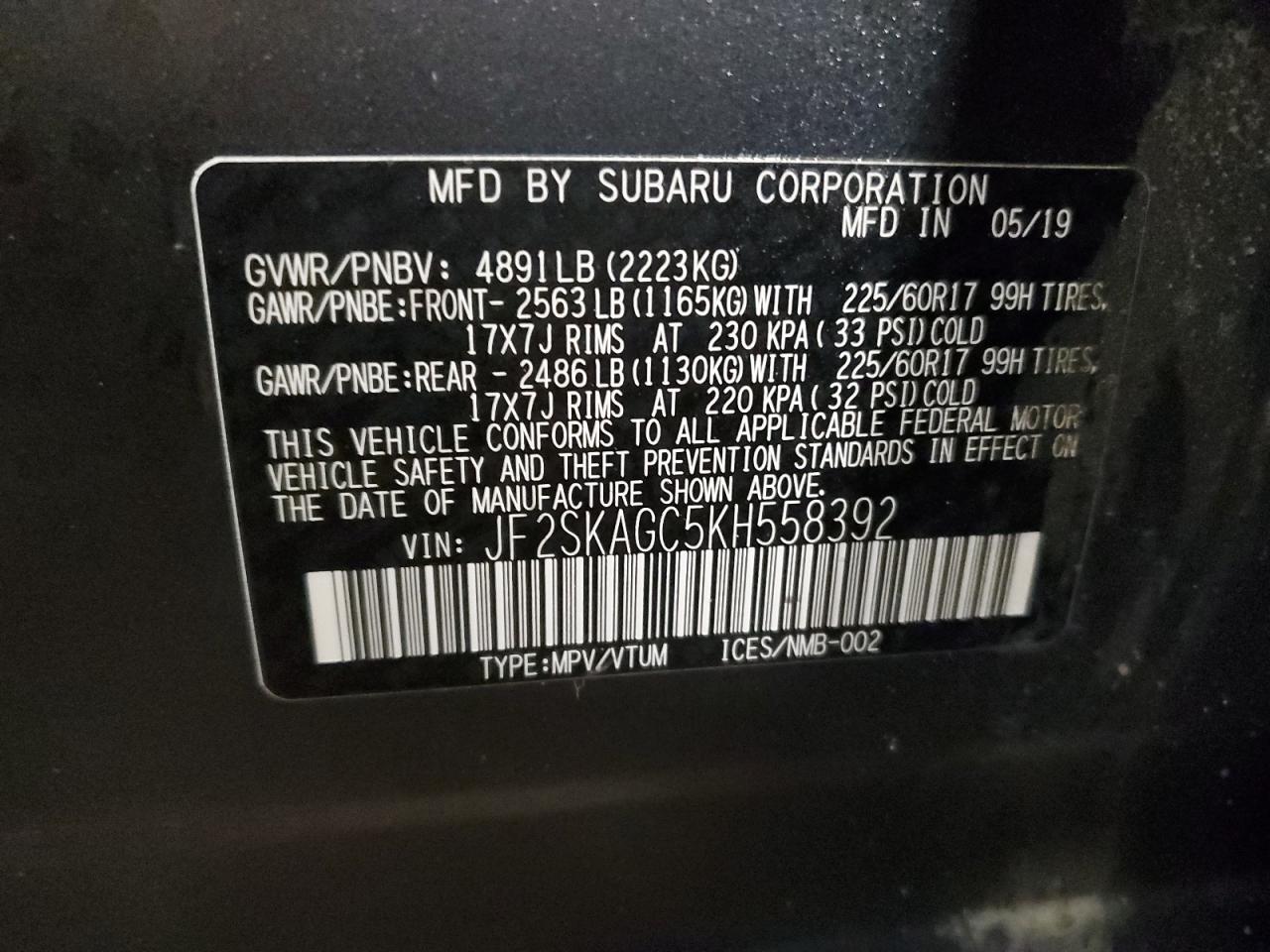 2019 Subaru Forester VIN JF2SKAGC5KH558392 Copart auction photo, rollover damage thumbnail 14