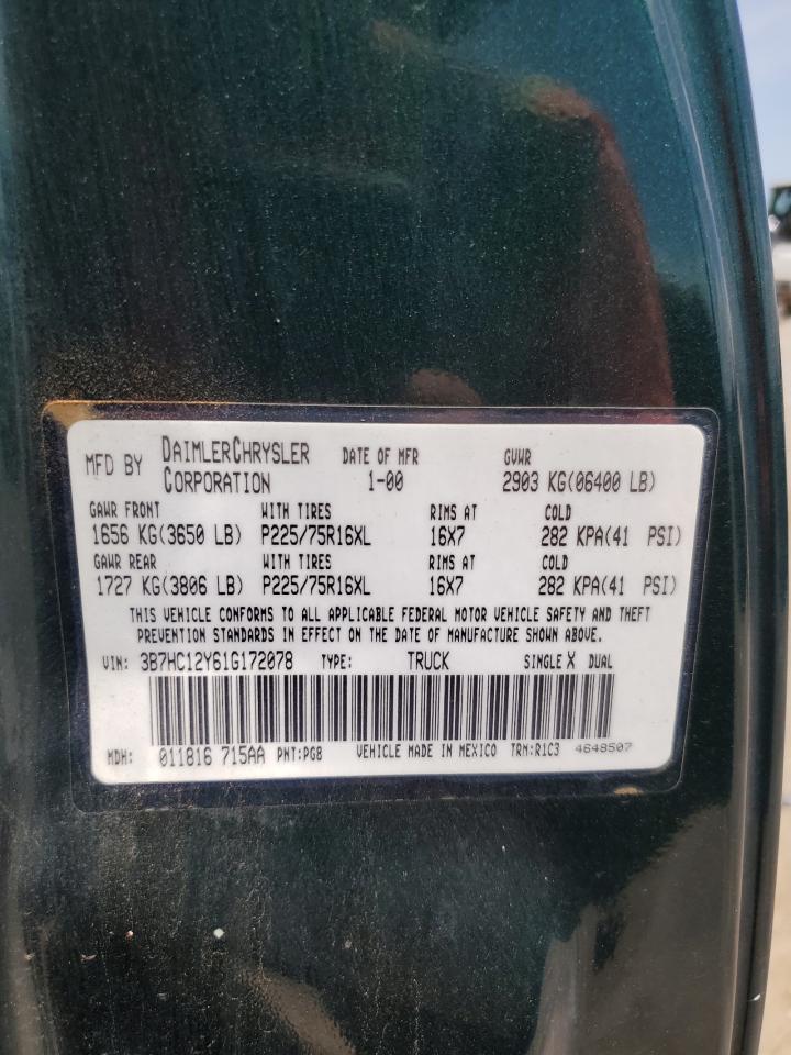 2001 Dodge RAM VIN 3B7HC12Y61G172078 Copart auction photo, mechanical / minor dent/scratches damage thumbnail 12