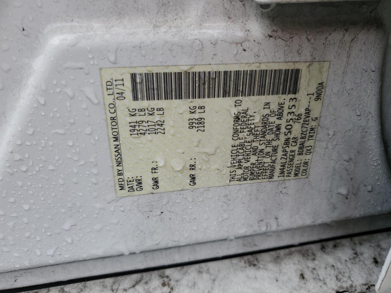 2011 Nissan Altima VIN 1N4AL2AP5BN505353 Copart auction photo, front end damage thumbnail 12