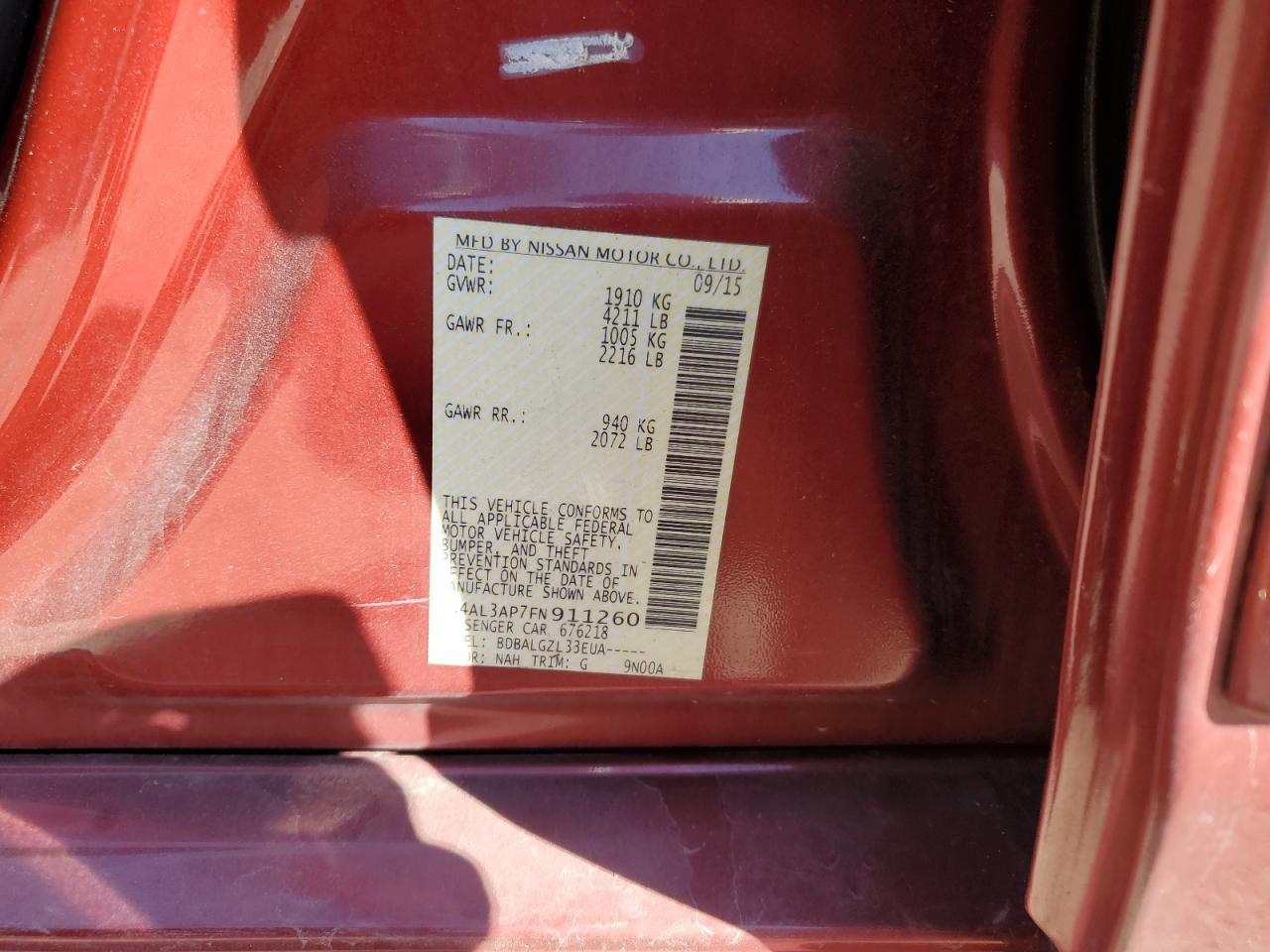 2015 Nissan Altima VIN 1N4AL3AP7FN911260 Copart auction photo, front end / side damage thumbnail 12