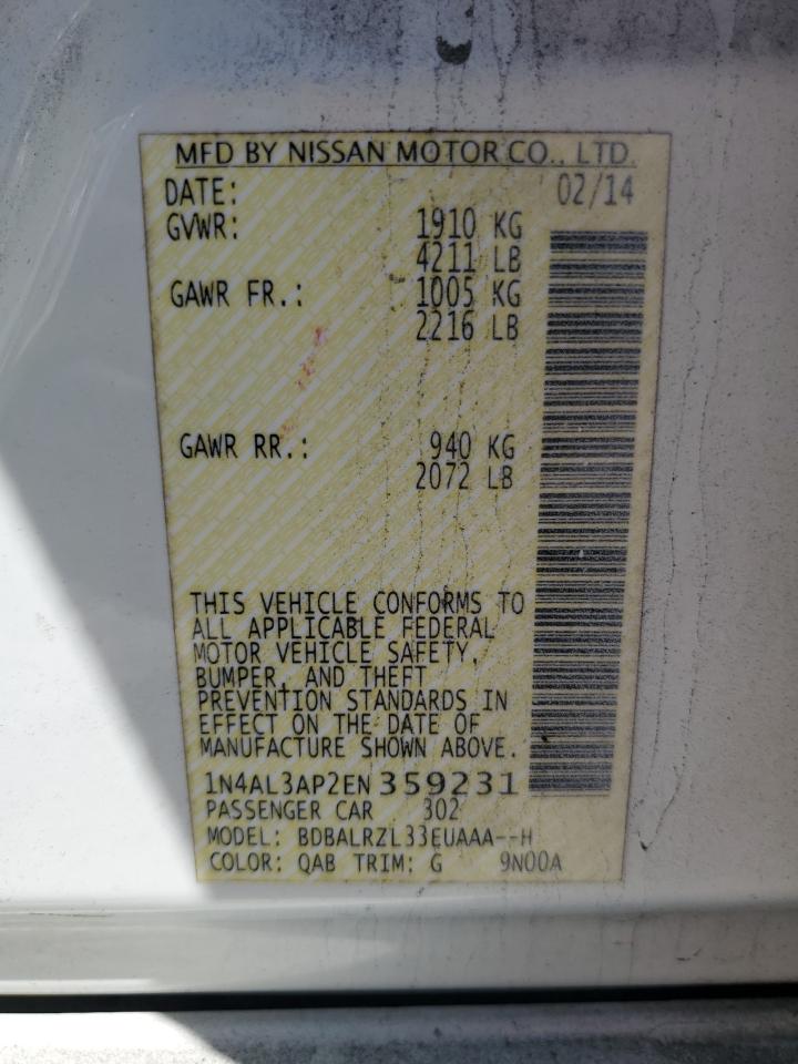 2014 Nissan Altima VIN 1N4AL3AP2EN359231 Copart auction photo, front end / side damage thumbnail 13