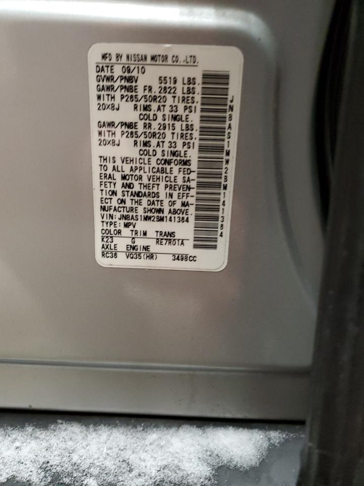 2011 Infiniti FX VIN JN8AS1MW2BM141364 Copart auction photo, rear end damage thumbnail 12