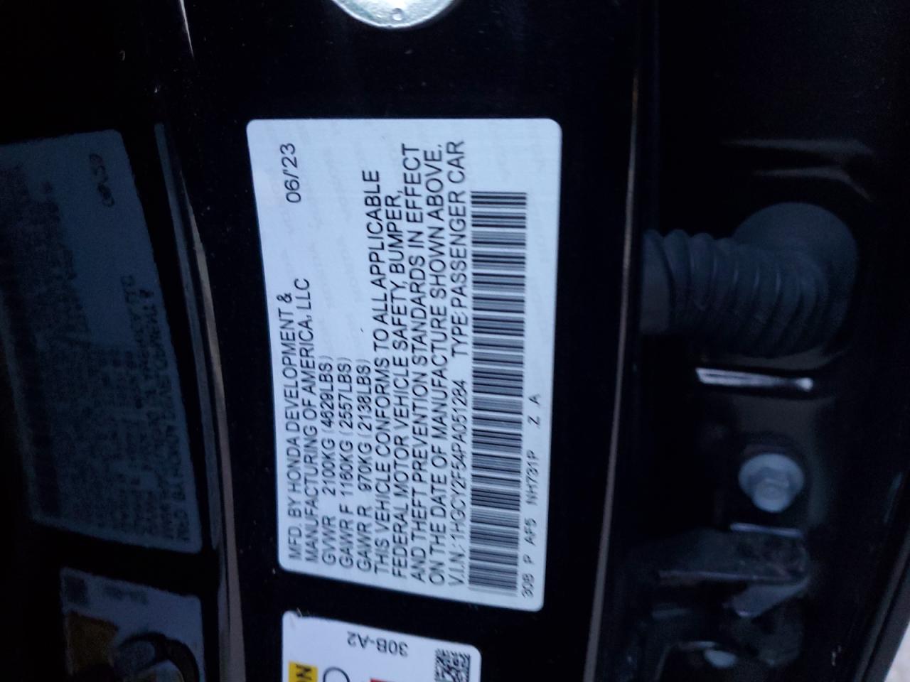 2023 Honda Accord VIN 1HGCY2F54PA051284 Copart auction photo, front end / side damage thumbnail 13
