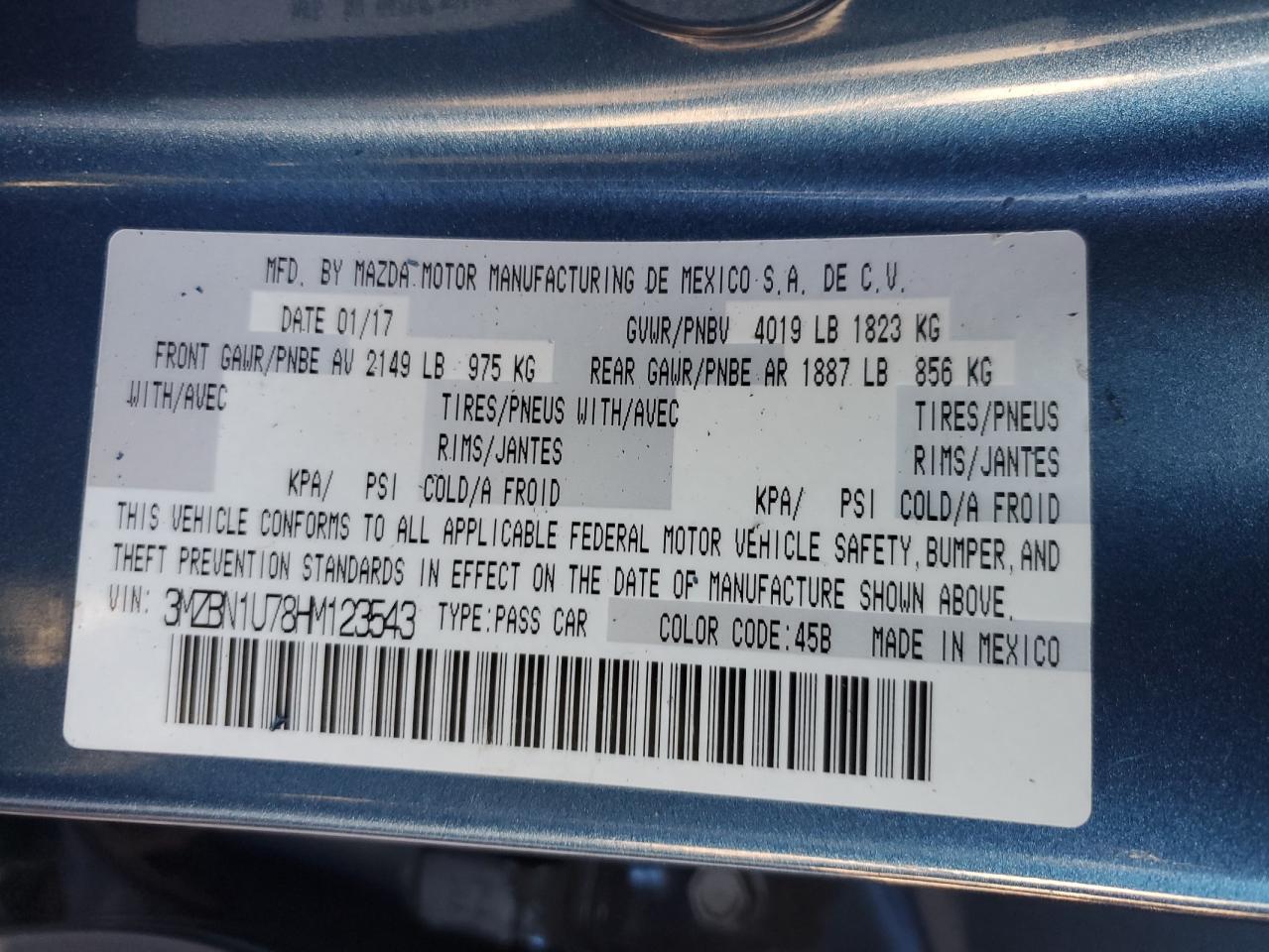 2017 Mazda 3 VIN 3MZBN1U78HM123543 Copart auction photo, front end / side damage thumbnail 14