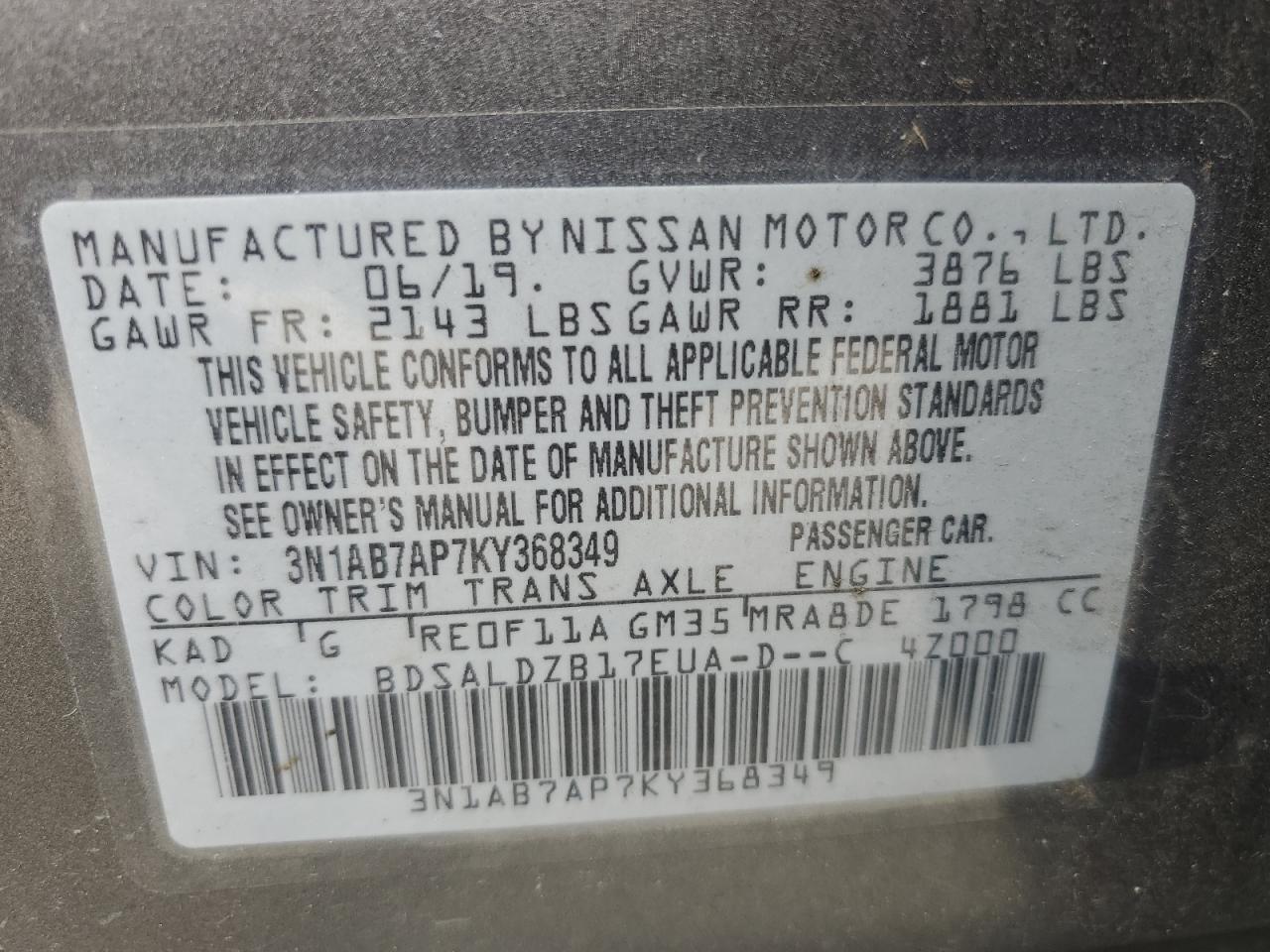 2019 Nissan Sentra VIN 3N1AB7AP7KY368349 Copart auction photo, side / front end damage thumbnail 13