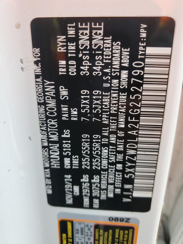2015 Hyundai Santa Fe VIN 5XYZWDLA2FG252790 Copart auction photo, side damage thumbnail 13