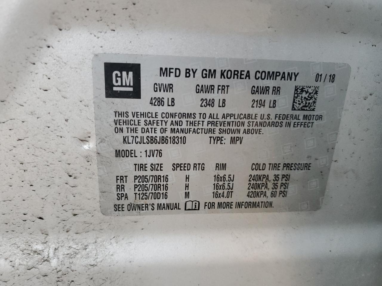 2018 Chevrolet Trax VIN KL7CJLSB6JB618310 Copart auction photo, side / rear end damage thumbnail 15