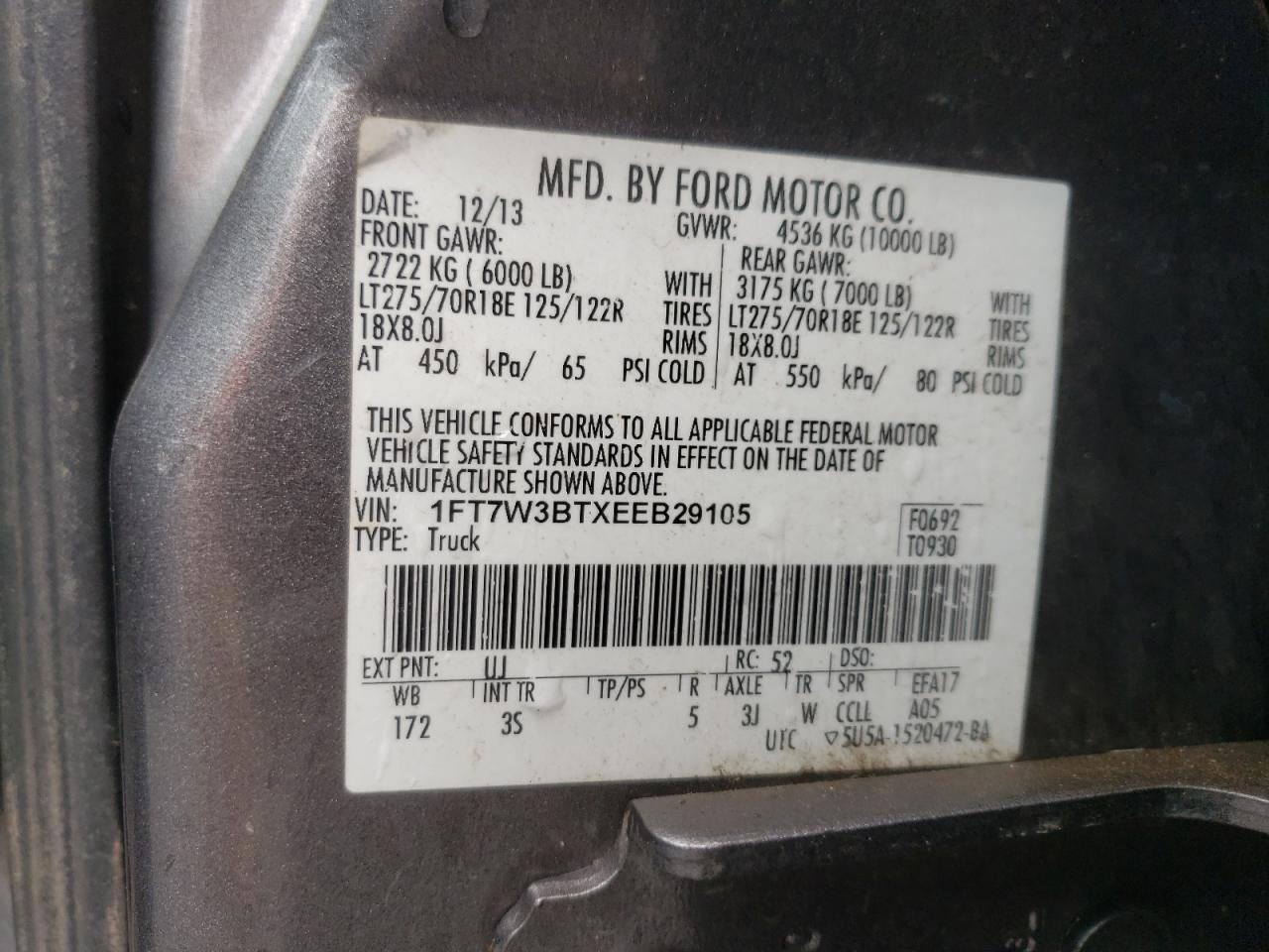 2014 Ford F350 VIN 1FT7W3BTXEEB29105 Copart auction photo, top/roof damage thumbnail 13