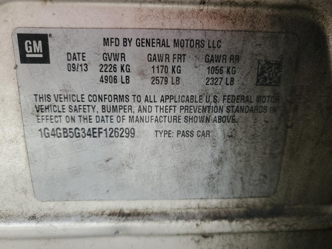 2014 Buick LaCrosse VIN 1G4GB5G34EF126299 Copart auction photo, front end damage thumbnail 13