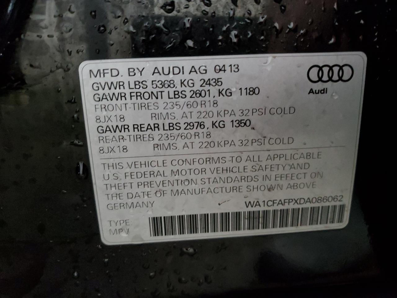 2013 Audi Q5 VIN WA1CFAFPXDA086062 Copart auction photo, rear end / side damage thumbnail 14