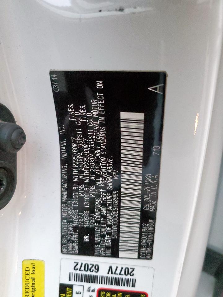 2014 Toyota Sienna VIN 5TDYK3DC8ES468999 Copart auction photo, rear end damage thumbnail 12