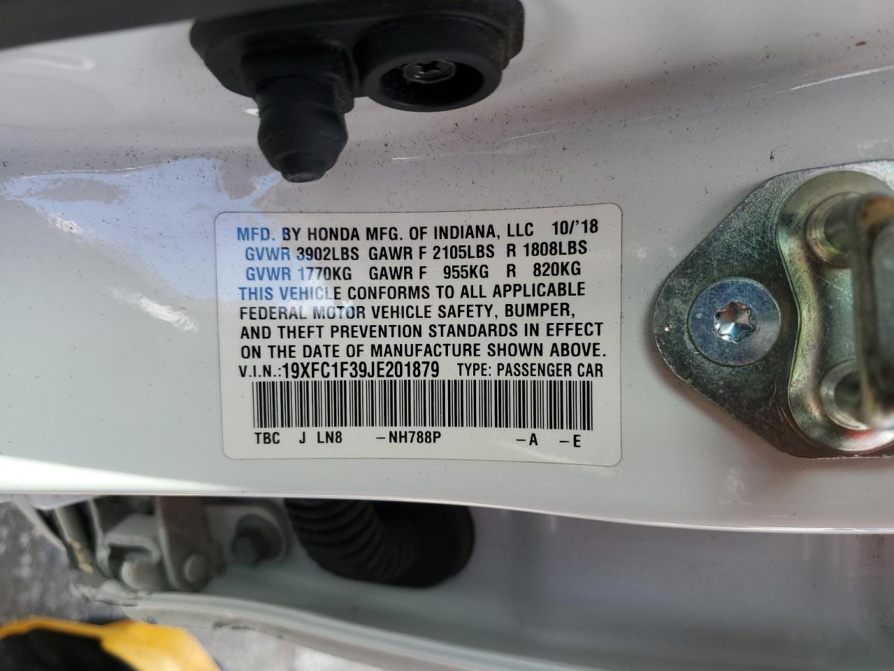 2018 Honda Civic VIN 19XFC1F39JE201879 Copart auction photo, side damage thumbnail 12