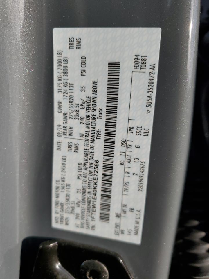 2019 Ford F-150 VIN 1FTEW1E40KKE72566 Copart auction photo, water/flood damage thumbnail 12