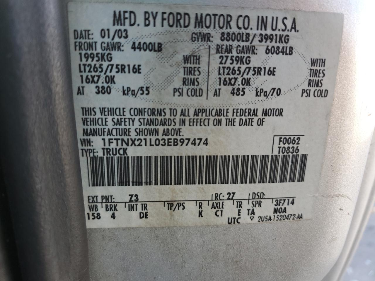 2003 Ford F250 VIN 1FTNX21L03EB97474 Copart auction photo, front end damage thumbnail 12