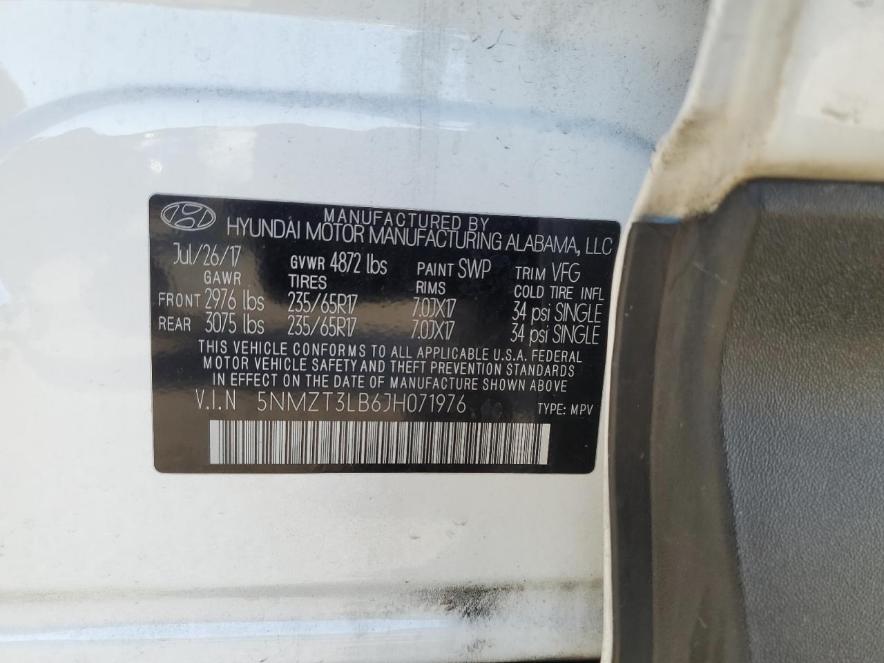 2018 Hyundai Santa Fe VIN 5NMZT3LB6JH071976 Copart auction photo, front end / rear end damage thumbnail 13