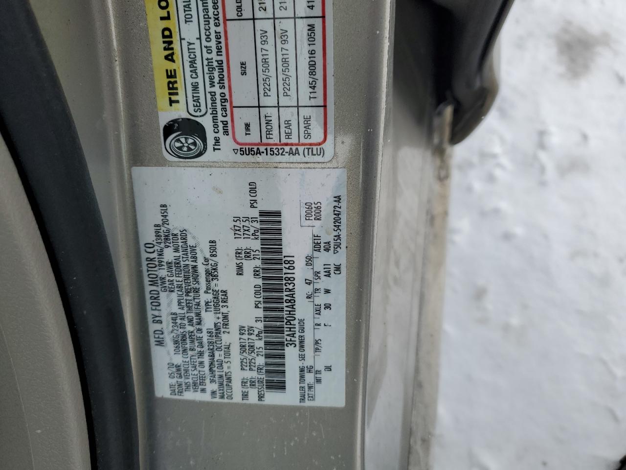 2010 Ford Fusion VIN 3FAHP0HA8AR381681 Copart auction photo, front end damage thumbnail 13