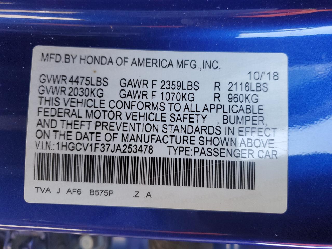 2018 Honda Accord VIN 1HGCV1F37JA253478 Copart auction photo, front end / side damage thumbnail 13
