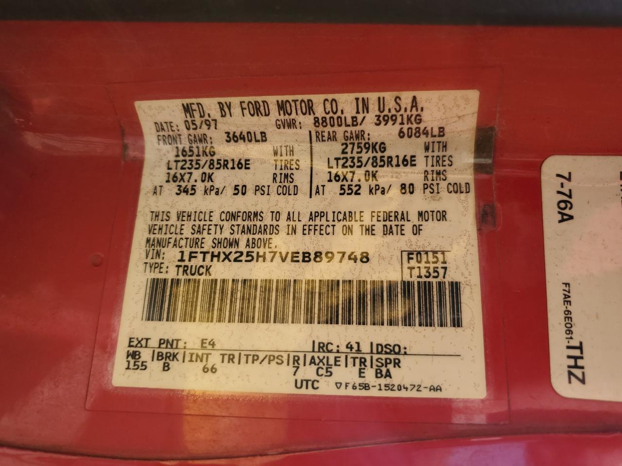 1997 Ford F250 VIN 1FTHX25H7VEB89748 Copart auction photo, front end / rear end damage thumbnail 12