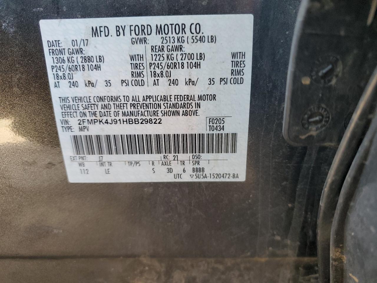 2017 Ford Edge VIN 2FMPK4J91HBB29822 Copart auction photo, front end damage thumbnail 12