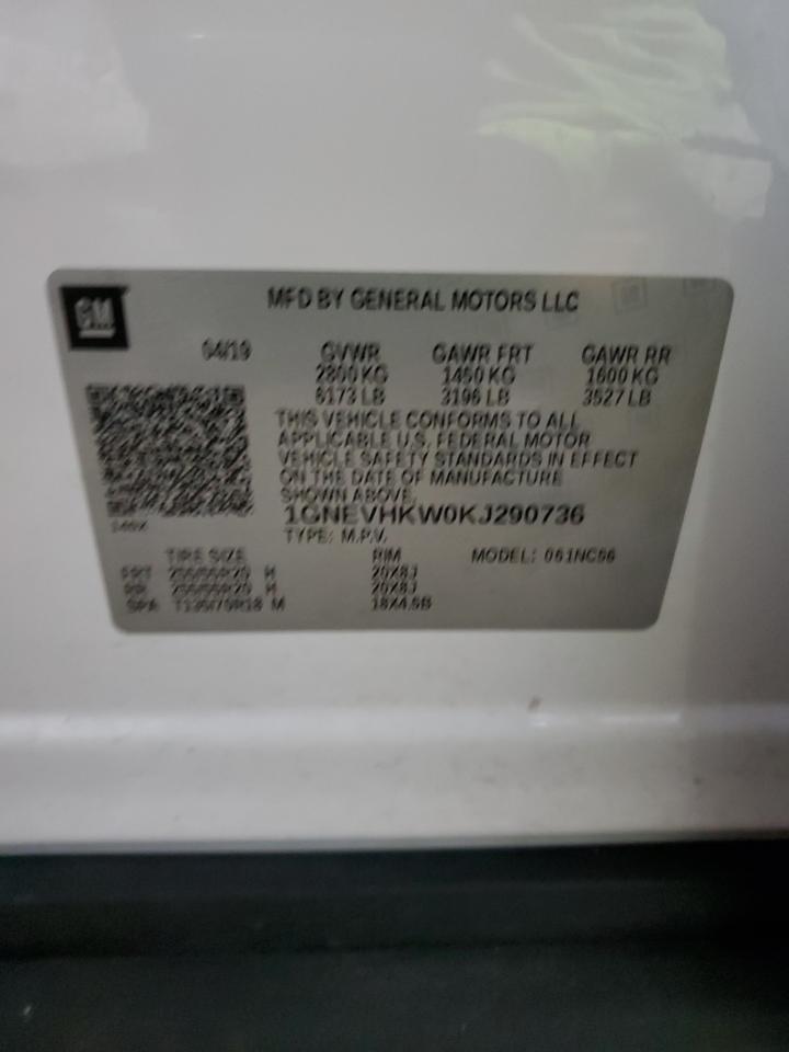 2019 Chevrolet Traverse VIN 1GNEVHKW0KJ290736 Copart auction photo, front end / side damage thumbnail 14