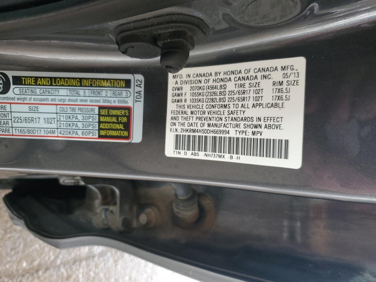 2013 Honda CR-V VIN 2HKRM4H50DH669994 Copart auction photo, frame damage / front end damage thumbnail 13
