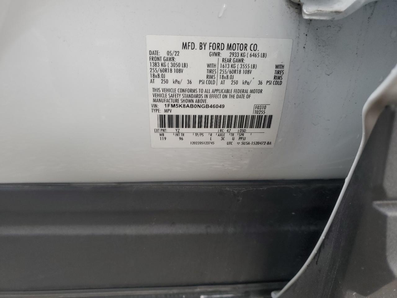 2022 Ford Explorer VIN 1FM5K8AB0NGB46049 Copart auction photo, rear end / front end damage thumbnail 13