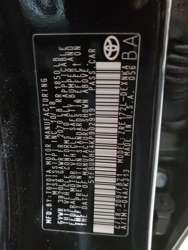 2019 Toyota Corolla VIN 5YFBURHE4KP902919 Copart auction photo, rear end damage thumbnail 12