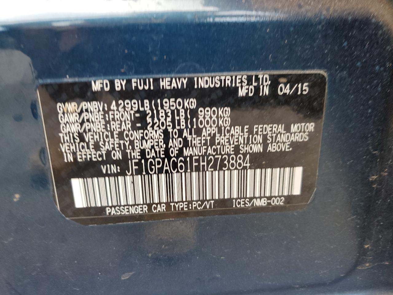 2015 Subaru Impreza VIN JF1GPAC61FH273884 Copart auction photo, rear end damage thumbnail 13