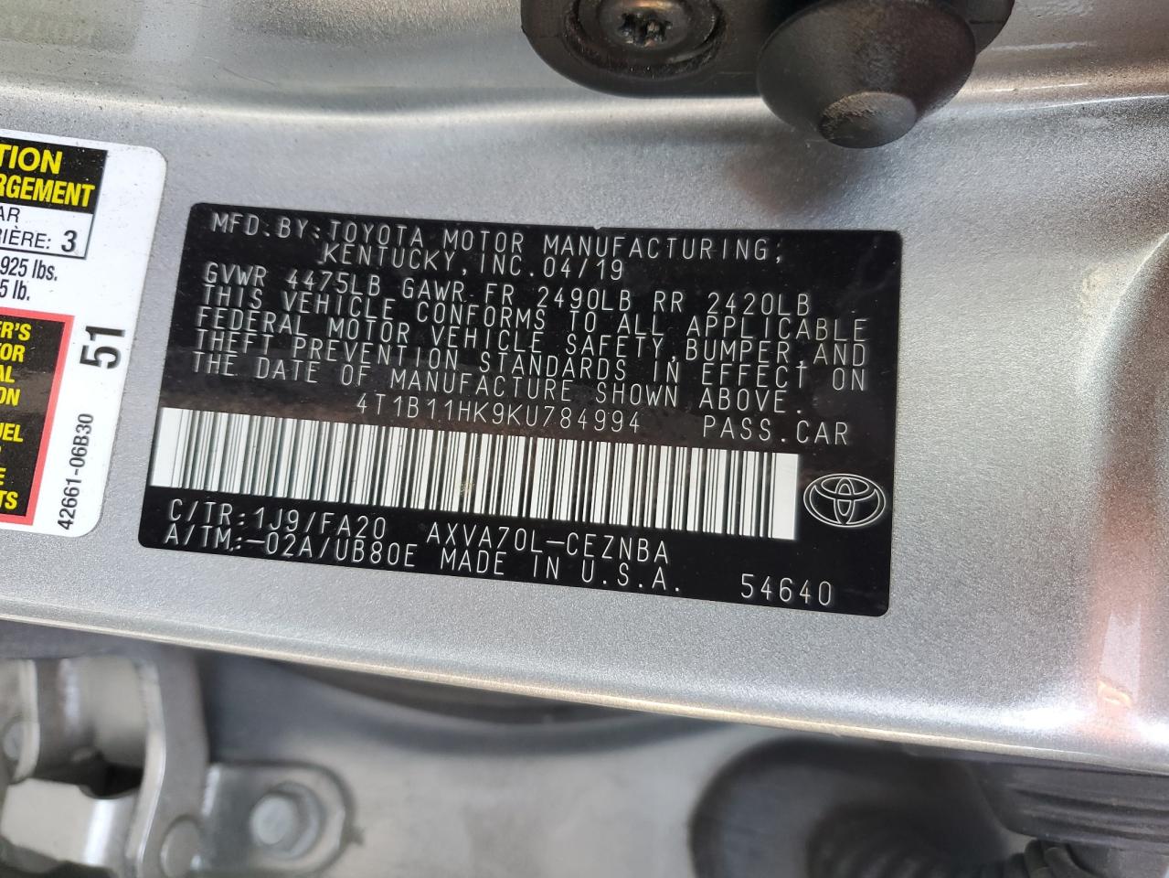 2019 Toyota Camry VIN 4T1B11HK9KU784994 Copart auction photo, rear end damage thumbnail 12