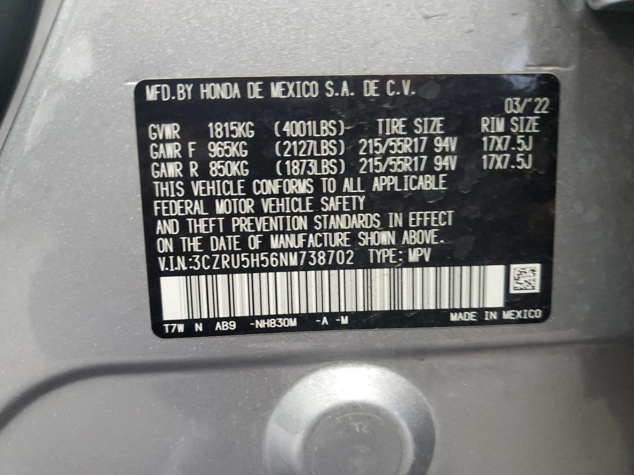 2022 Honda HR-V VIN 3CZRU5H56NM738702 Copart auction photo, front end damage thumbnail 14