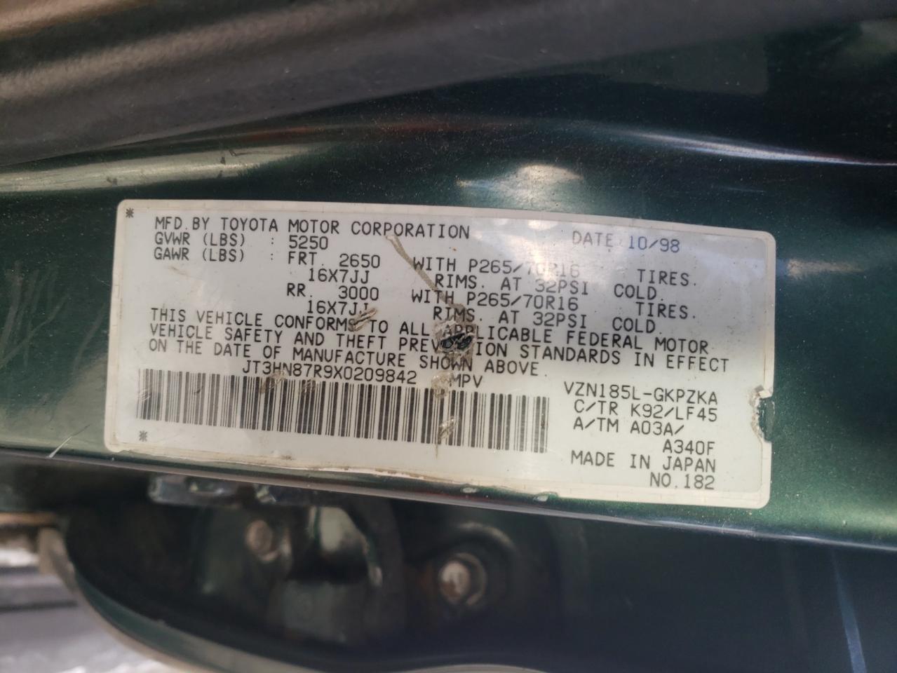 1999 Toyota 4Runner VIN JT3HN87R9X0209842 Copart auction photo, side / undercarriage damage thumbnail 13