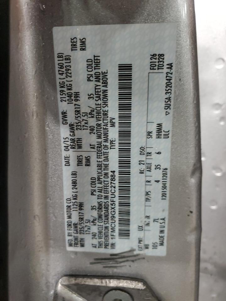 2015 Ford Escape VIN 1FMCU9GX5FUC27884 Copart auction photo, front end damage thumbnail 15