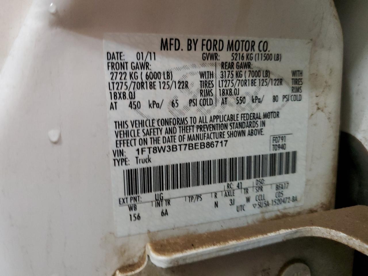 2011 Ford F350 VIN 1FT8W3BT7BEB86717 Copart auction photo, front end damage thumbnail 14