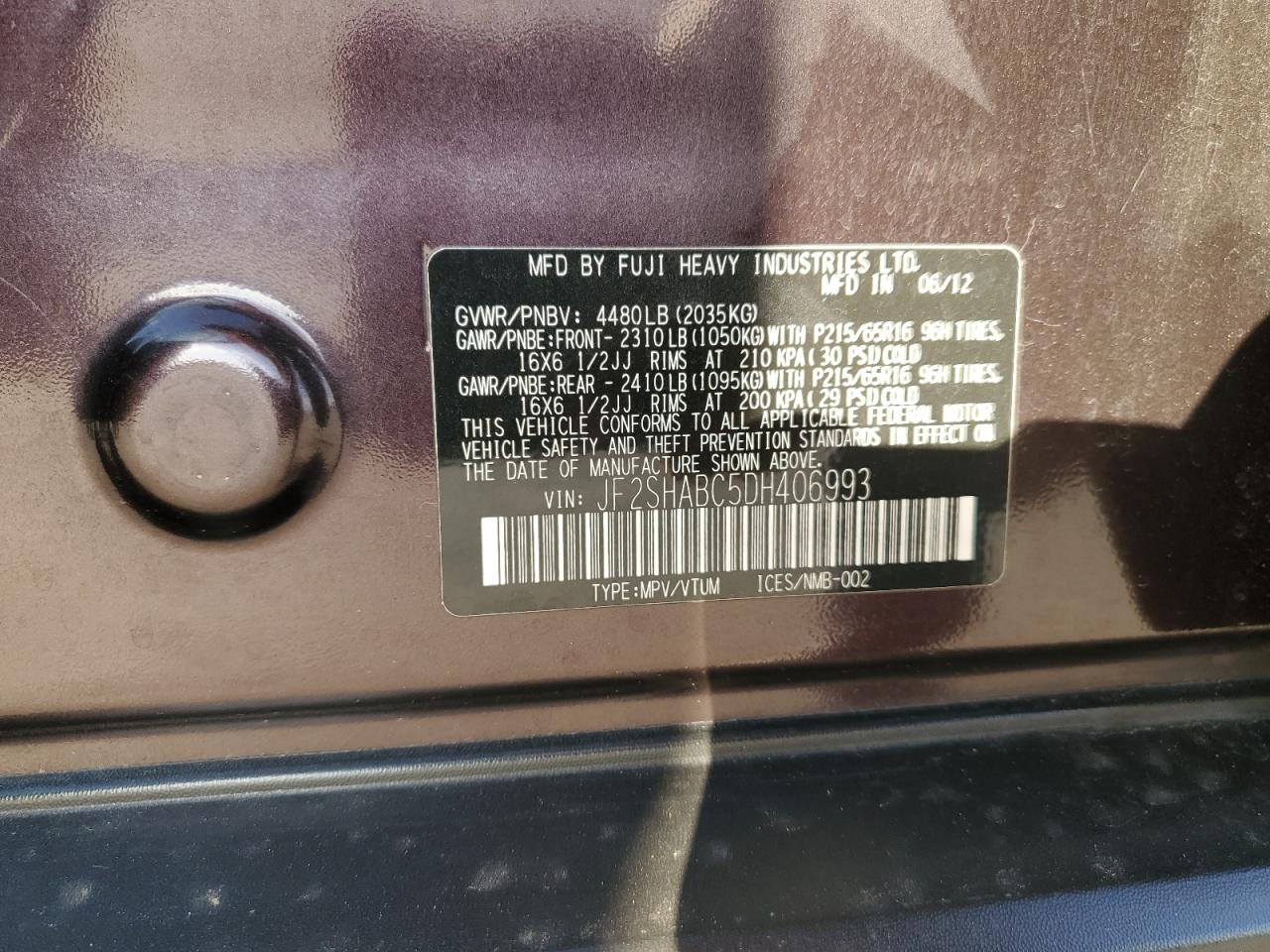 2013 Subaru Forester VIN JF2SHABC5DH406993 Copart auction photo, minor dent/scratches damage thumbnail 13