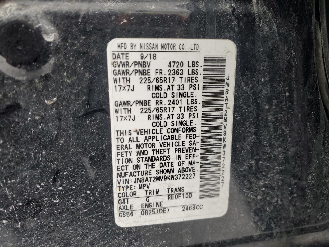 2019 Nissan Rogue VIN JN8AT2MV9KW372227 Copart auction photo, front end damage thumbnail 13