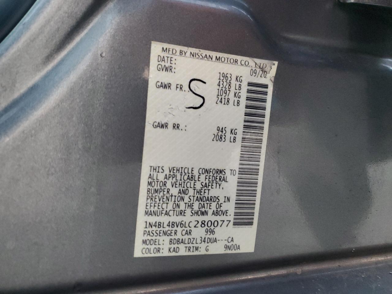 2020 Nissan Altima VIN 1N4BL4BV6LC280077 Copart auction photo, all over damage thumbnail 12
