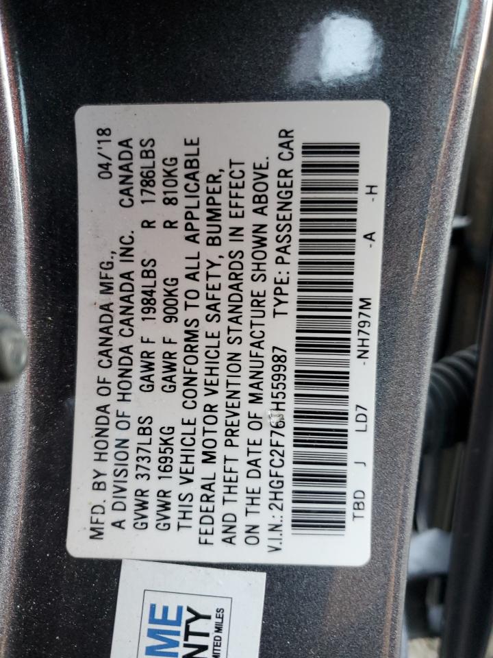 2018 Honda Civic VIN 2HGFC2F76JH559987 Copart auction photo, side / undercarriage damage thumbnail 14