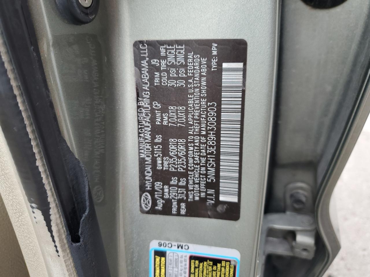 2009 Hyundai Santa Fe VIN 5NMSH13E89H308903 Copart auction photo, front end / side damage thumbnail 13
