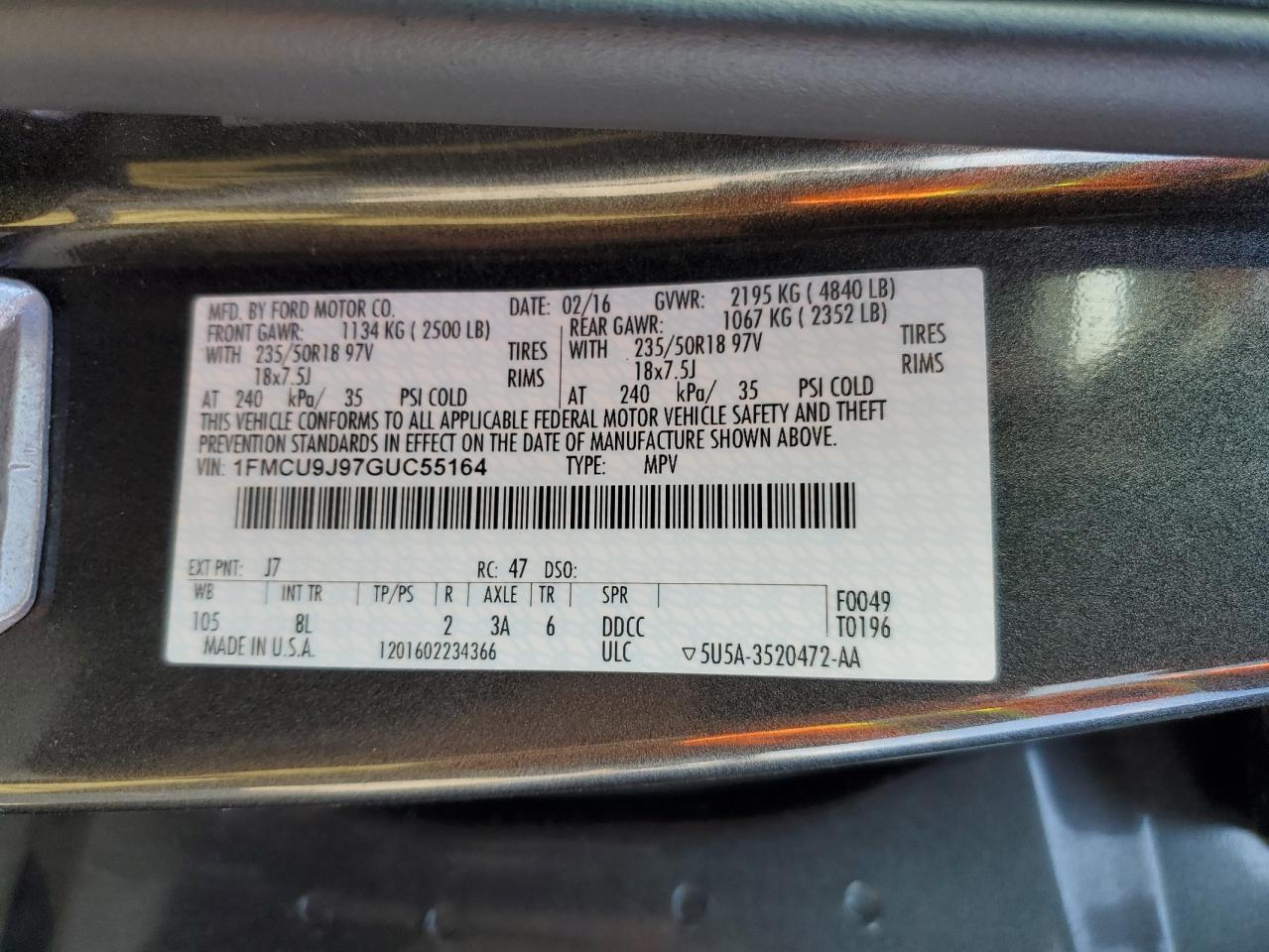 2016 Ford Escape VIN 1FMCU9J97GUC55164 Copart auction photo, side damage thumbnail 13