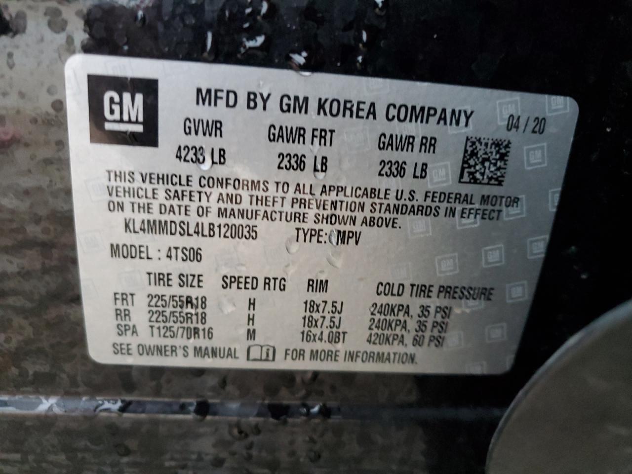2020 Buick Encore VIN KL4MMDSL4LB120035 Copart auction photo, rear end damage thumbnail 13