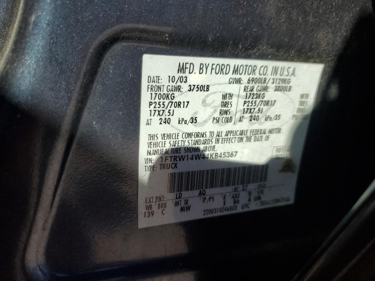 2004 Ford F-150 VIN 1FTRW14W44KB45367 Copart auction photo, front end / side damage thumbnail 13