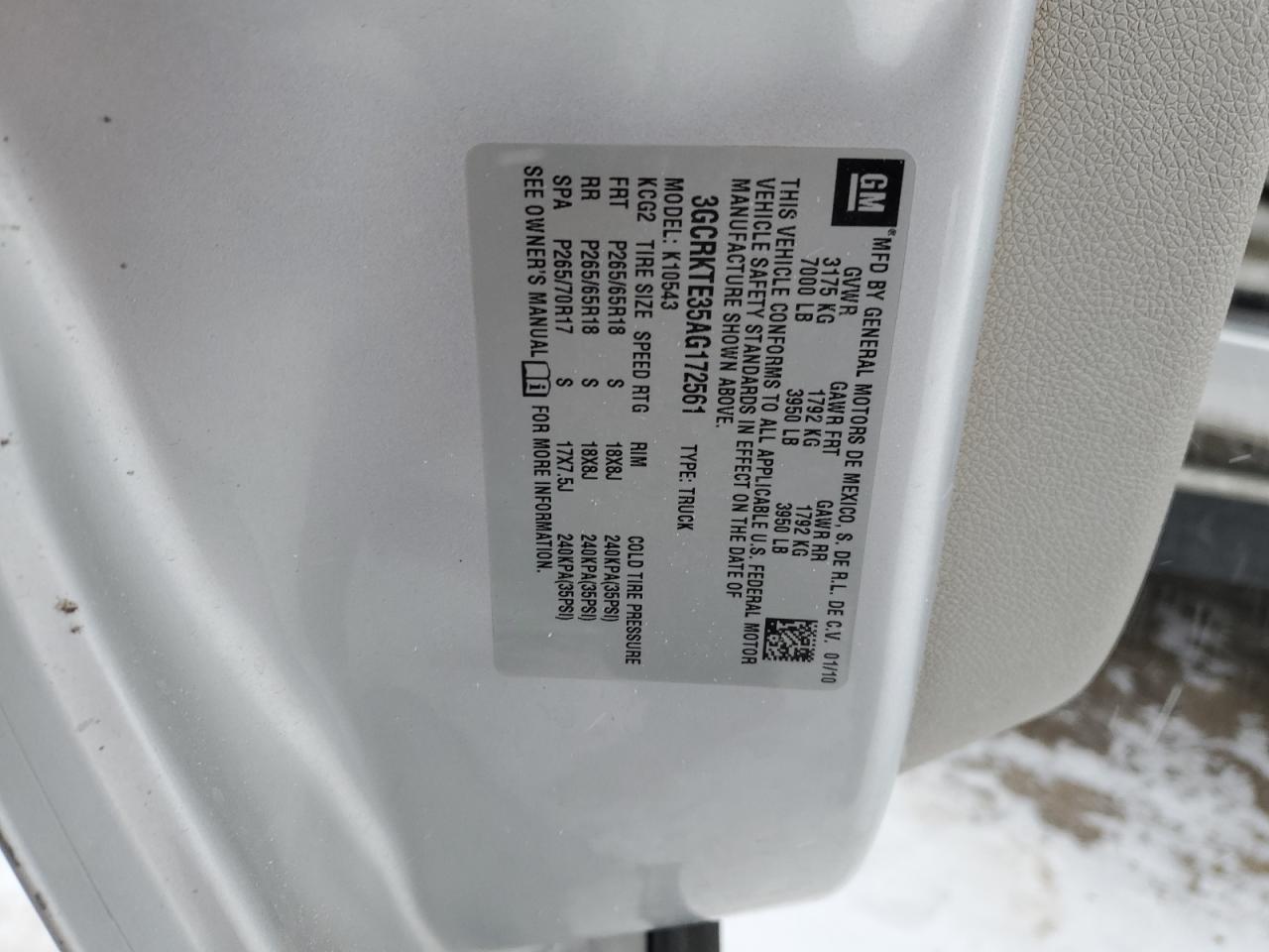 2010 Chevrolet Silverado VIN 3GCRKTE35AG172561 Copart auction photo, side damage thumbnail 12