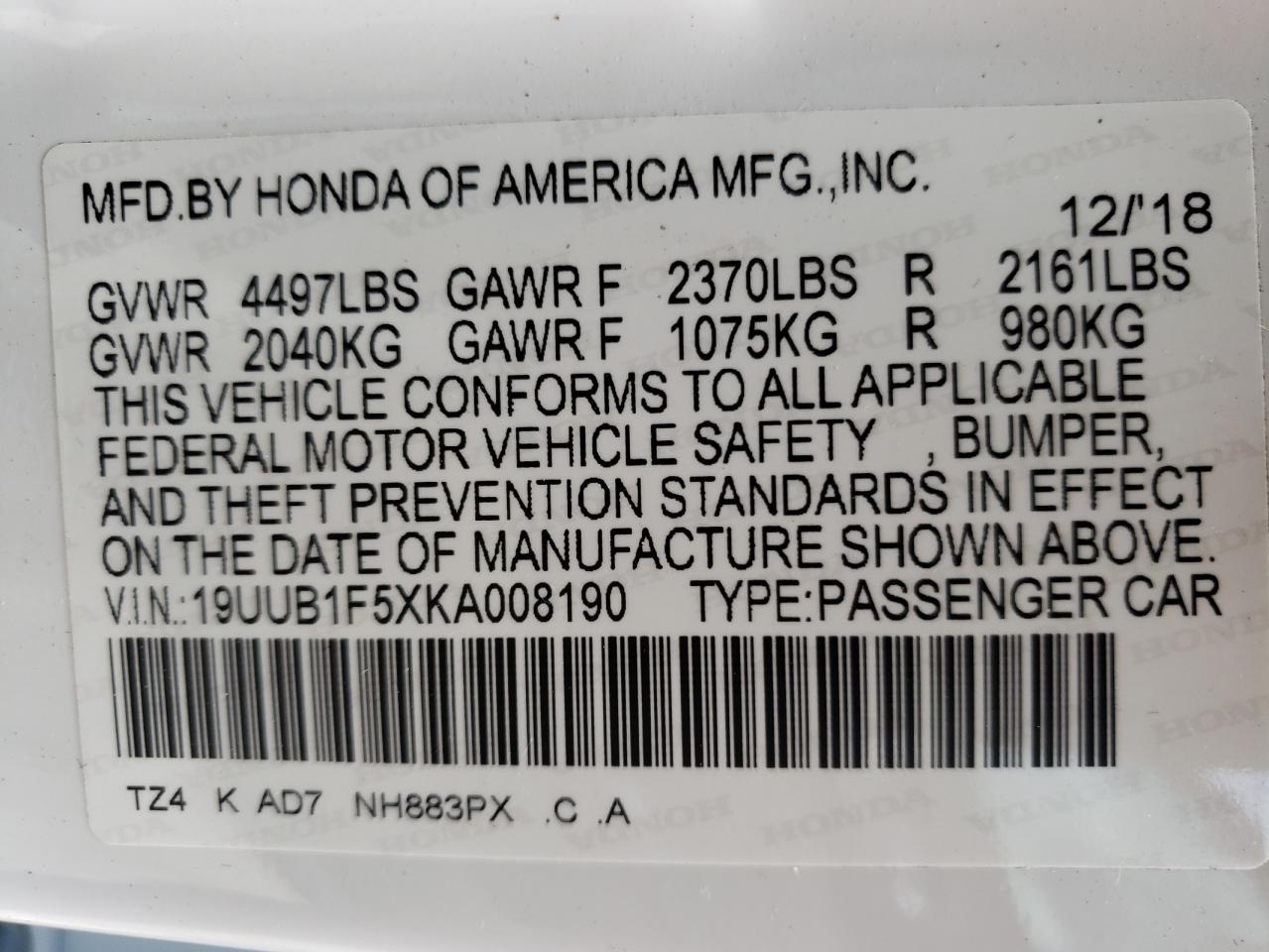 2019 Acura TLX VIN 19UUB1F5XKA008190 Copart auction photo, front end / side damage thumbnail 10