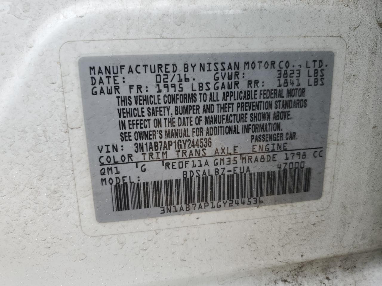 2016 Nissan Sentra VIN 3N1AB7AP1GY244536 Copart auction photo, rear end damage thumbnail 12