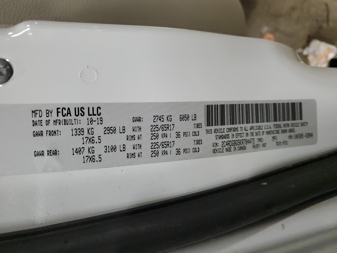 2019 Dodge Caravan VIN 2C4RDGBG5KR784473 Copart auction photo, front end / rear end damage thumbnail 14