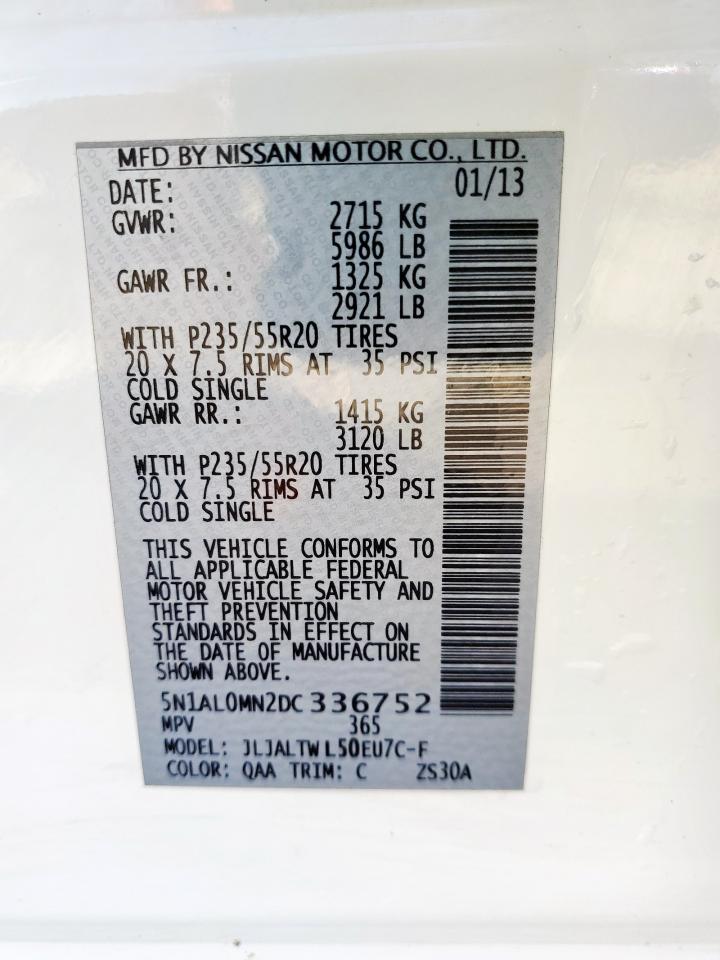 2013 Infiniti JX VIN 5N1AL0MN2DC336752 Copart auction photo, front end damage thumbnail 14