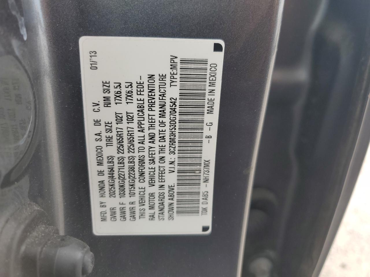 2013 Honda CR-V VIN 3CZRM3H53DG704542 Copart auction photo, rear end damage thumbnail 13