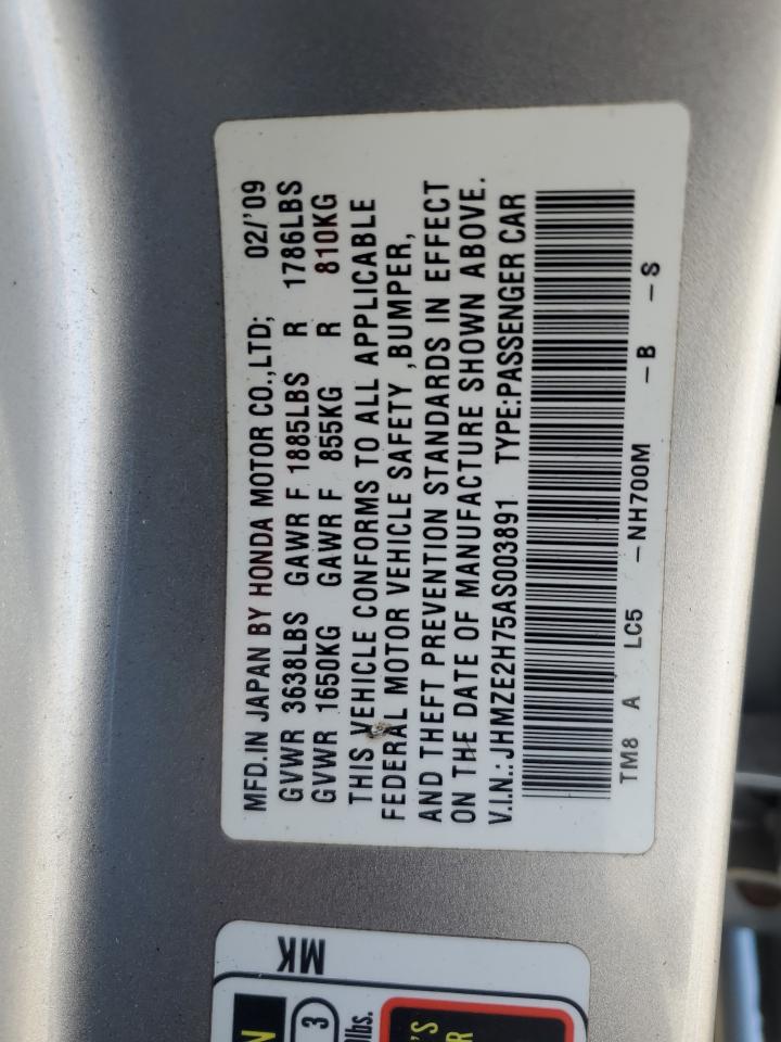 2010 Honda Insight VIN JHMZE2H75AS003891 Copart auction photo, front end / minor dent/scratches damage thumbnail 12